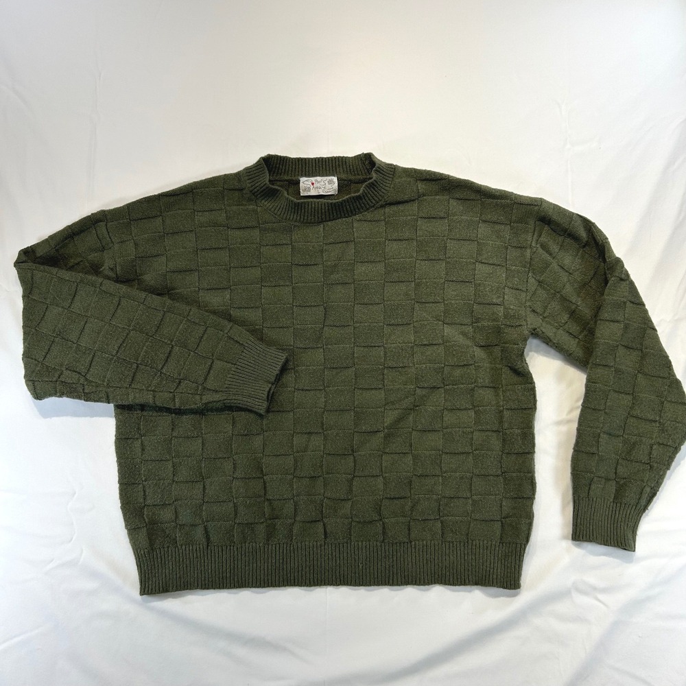 Vintage Poof Apparel Dark Academia Checkerboard Knit Sweater Large Olive Green